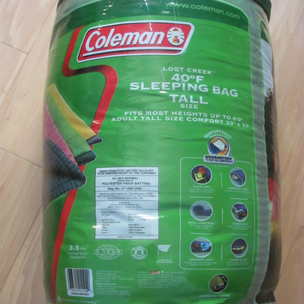 COLEMAN Tall Size 6'0" Green Sleeping Bag Lost Creek. 33" x 77" Great condition